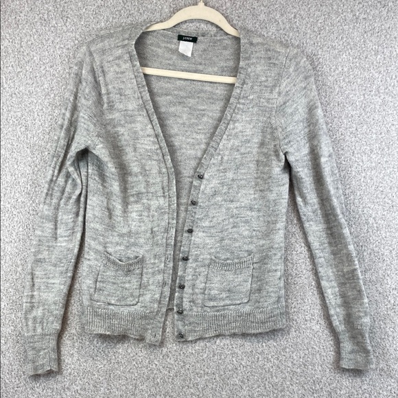 Vtg. J. Crew merino wool alpaca cardigan XS soft gray sparkle buttons pockets - Picture 1 of 11